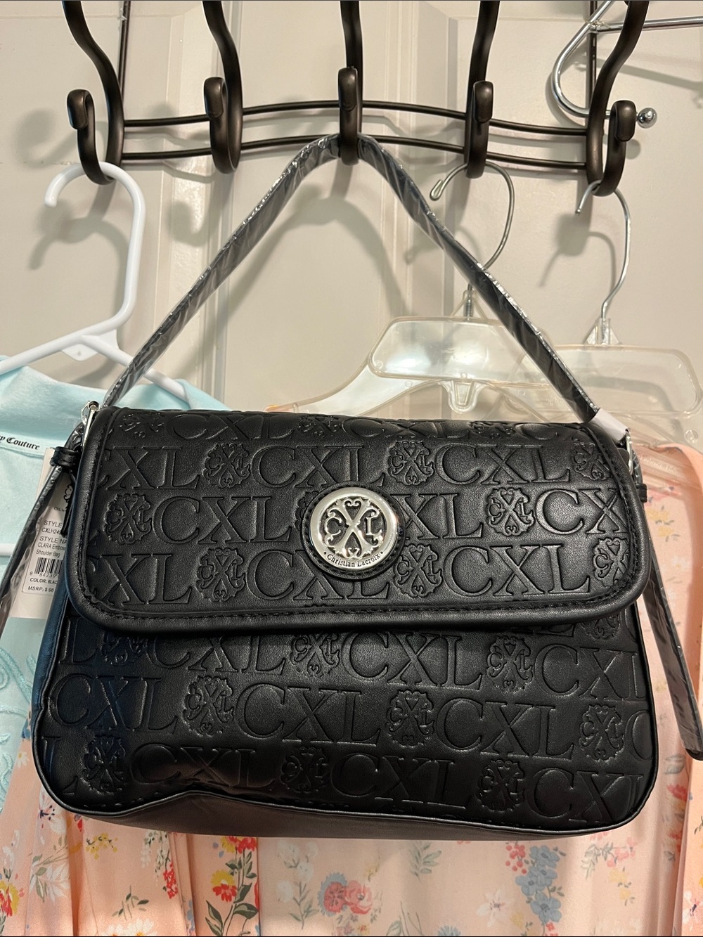 Christian Lacroix Black Embossed CXL Shoulder Bag with Silver Medallion